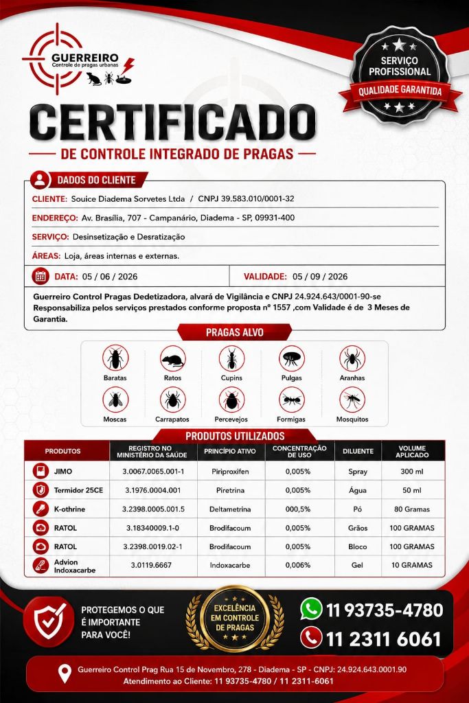 Exemplo de certificado de controle integrado de pragas da Guerreiro